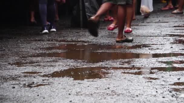 Piernas Imágenes Personas Están Caminando Camino Con Charcos Lluvia — Vídeos de Stock