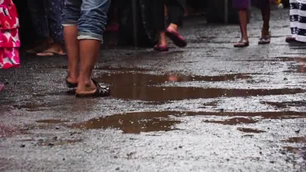 Gambe Filmati Persone Stanno Camminando Sulla Strada Con Pozzanghere Sotto — Video Stock