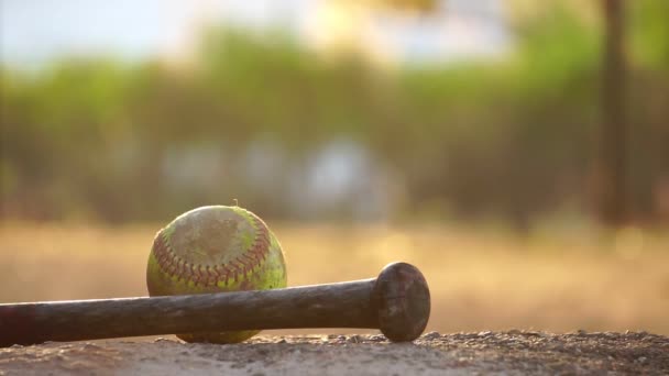 Primer Plano Bate Béisbol Pelota Suelo Luz Cálida — Vídeos de Stock