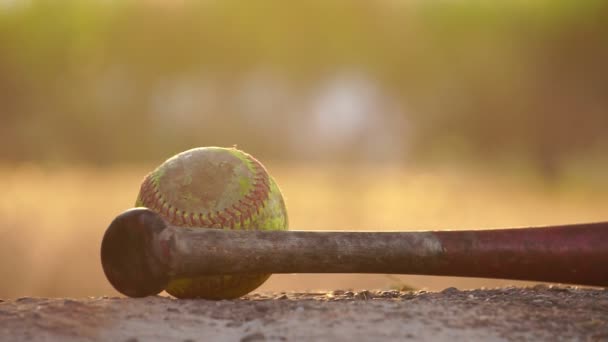 Primer Plano Bate Béisbol Pelota Suelo Luz Cálida — Vídeos de Stock