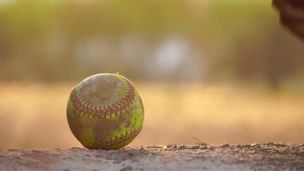 Amerikan Beyzbol Sopası Topunun Yakın Çekim Görüntüleri Sıcak Işıkta Yerde — Stok video