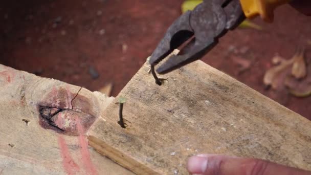 Carpenter Works Pliers Pulls Nails Out Wooden Pallet — Stock Video