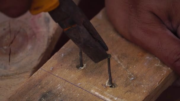 Charpentier Travaille Avec Une Pince Tire Des Clous Une Palette — Video