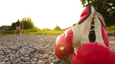Ön planda kırmızı boks eldivenleri ve arka planda köpeklerle koşan bir adamın silueti. 