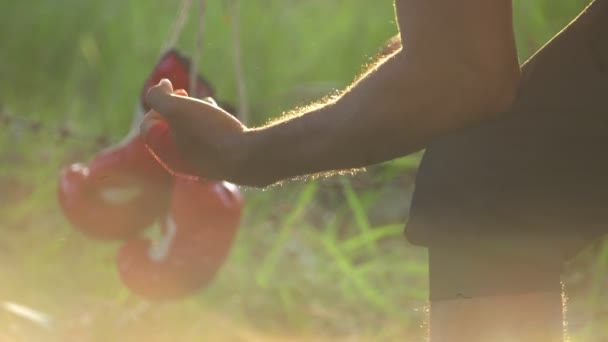 Boxer Uomo Legare Mani Con Benda Boxe Allenamento Tramonto Sullo — Video Stock