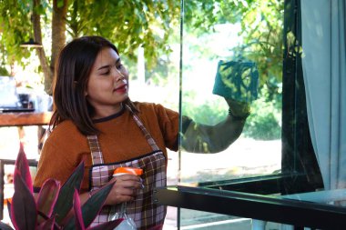 Asyalı bir kadının portresi temizleyici spreyliyor ve pencereyi siliyor. İfadesine ve temizlik faaliyetlerine odaklanıyor.