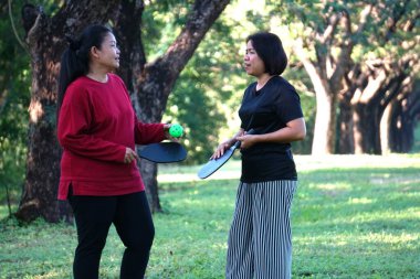 İki kadın parkta dikilip çene çalıyorlar, ellerinde picleball raketleri ve yeşil bir top..