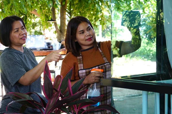 Asyalı kadın bir elinde bez, diğerinde sprey şişeyle uzun bir pencereyi temizlerken hafifçe yukarı bakar..