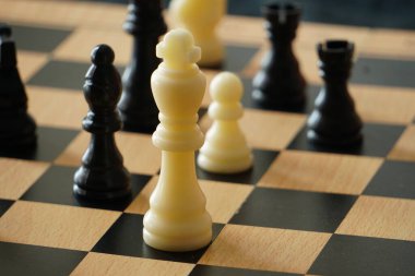 Damalı tahtada taşları olan satranç takımı.