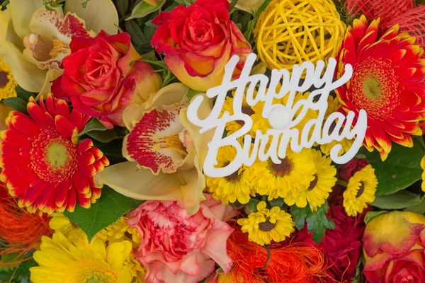 Flower bouquet with text Happy Birthday — Stock Photo, Image