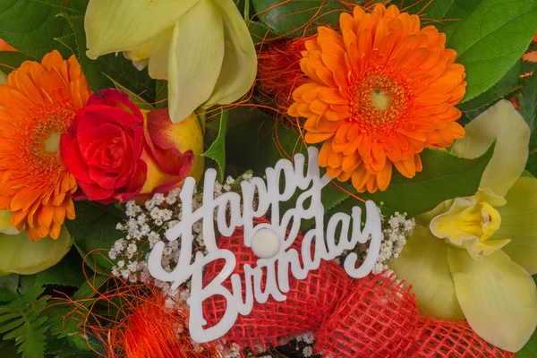 Flower bouquet with text Happy Birthday — Stock Photo, Image