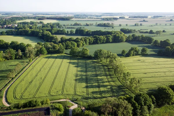 Ekili alan yukarıdan. Havadan görünümü çayırlar ve ekili alanlar. Kuş görünümü