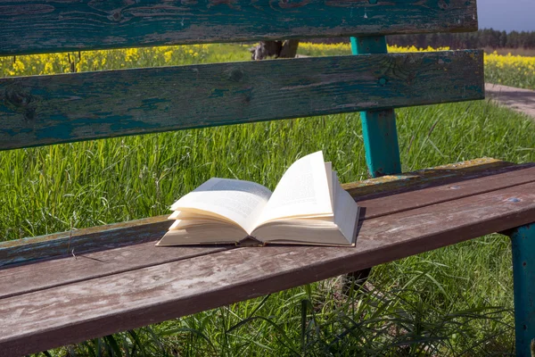 Open boek op een bankje — Stockfoto