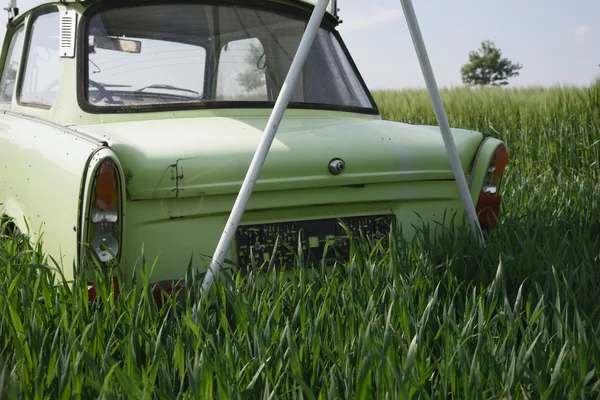 トウモロコシ畑で緑の古典的な車 — ストック写真