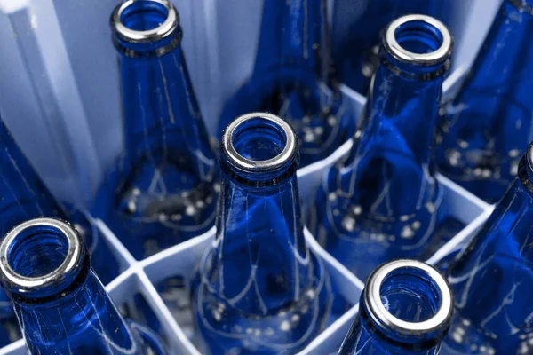 Empty Blue Glass Beer Bottles Plastic Box — Stock Photo, Image