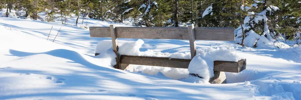 Prázdná Dřevěná Lavička Hlubokém Sněhu Panoramatický Obrázek — Stock fotografie