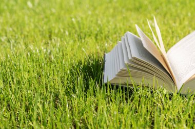 Açık bir kitap bahçede bir çimenlikte yatıyor. Coronavirus salgını sırasında bahçede tatil ve dinlenme