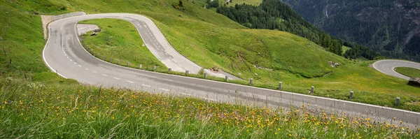 Sharp curve on the Grossglockner High Alpine Road. Austria. Panoramic image