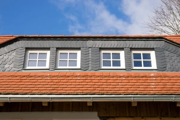 Rote und schwarze Dachziegel mit Fenstern — Stockfoto