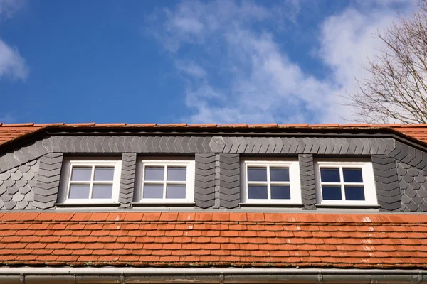 Rote und schwarze Dachziegel mit Fenstern — Stockfoto