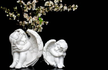  Siyah arka planda beyaz çiçekler ve melek