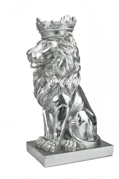 Gran Escultura León Plateado Con Corona Cabeza — Foto de Stock