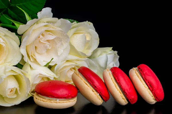 Rosa Blanca Sobre Fondo Negro Macarrones — Foto de Stock