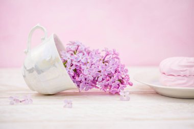 Pembe arka plan ve kapakta leylak çiçekleri