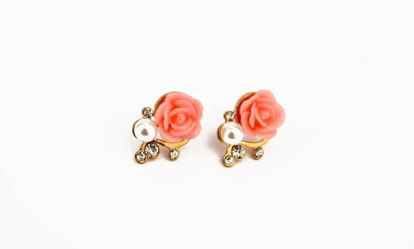 Boucles Oreilles Argent Rose Rose Sur Fond Blanc — Photo