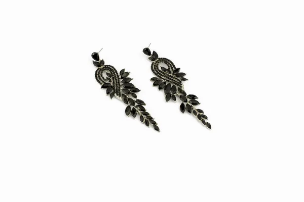 Pair Black Beautiful Earrings Stones White Background — Stock Photo, Image