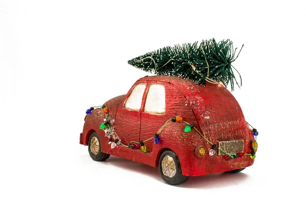 Weihnachtsbaum Auf Spielzeug Pickup Truck Weihnachtsfeier — Stockfoto