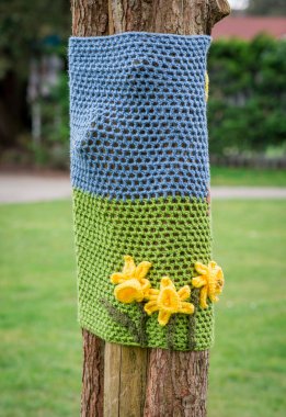  İngiltere parkında kış zamanı ağaç için yün kazak dikin.