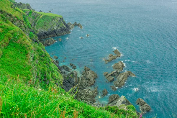 Manzara Kuzey Devon Daki Yeşil Tepeler Deniz — Stok fotoğraf