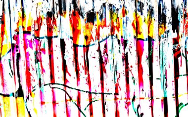 Parlak sarı, kırmızı ve siyah noktalardan oluşan dikey çizgili metal bir yüzey..