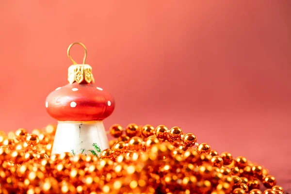 Weihnachten Pilz Auf Rotem Hintergrund Festliche Fahne — Stockfoto