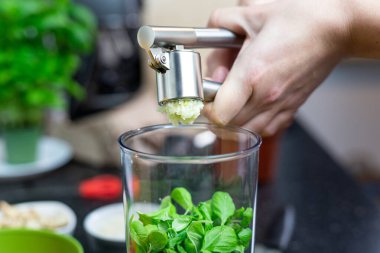Sarımsağı karıştırma kabına sıkıştıran biri. Pesto hazırlığı.