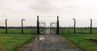Auschwitz, Polonya, 18 Eylül 2021: Auschwitz Birkenau toplama kampını çevreleyen dikenli tel parçaları.