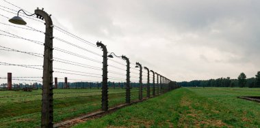 Auschwitz, Polonya, 18 Eylül 2021: Auschwitz Birkenau toplama kampını çevreleyen dikenli tel parçaları.