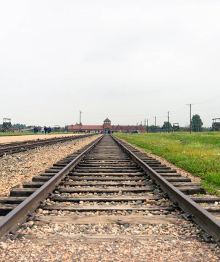 Auschwitz, Polonya, 18 Eylül 2021: Auschwitz Birkenau imha kampındaki demiryolu rayları.