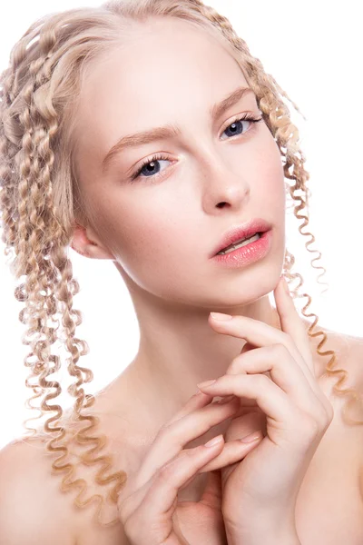 Portrait of a beautiful woman with curly blonde hair — Stock Photo, Image