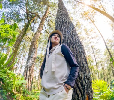 Asyalı bir kadın çam ağacına yaslanıyor, Japon banyo ormanı uyguluyor.