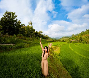 Asyalı bir kadın tek başına gezmekten zevk alıyor. Mutlu görünüyor ve pirinç tarlalarının atmosferinin tadını çıkarıyor..