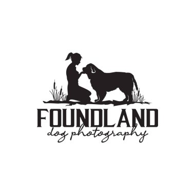 Kız ve Newfoundland köpek silueti vektör logosu tasarımı