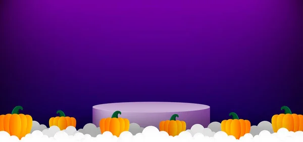 Fondo Púrpura Con Calabazas Podio Estilo Corte Papel Feliz Halloween — Archivo Imágenes Vectoriales