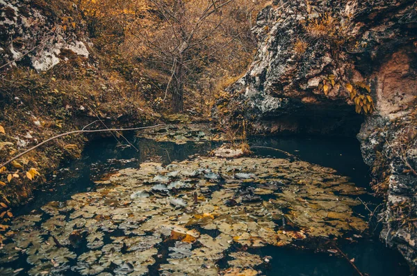 Beautiful mountain landscape, gorge, stones, rocks and lake. Close-up. — Stock Photo, Image