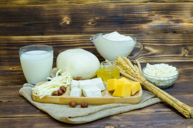 Ahşap arka planda bir dizi süt ürünü. Taze ev yapımı süzme peynir, yoğurt, peynir, kefir, süt. Prebiyotiklerle mayalanmış yiyecekler. Boşluğu kopyala, metin için yer.