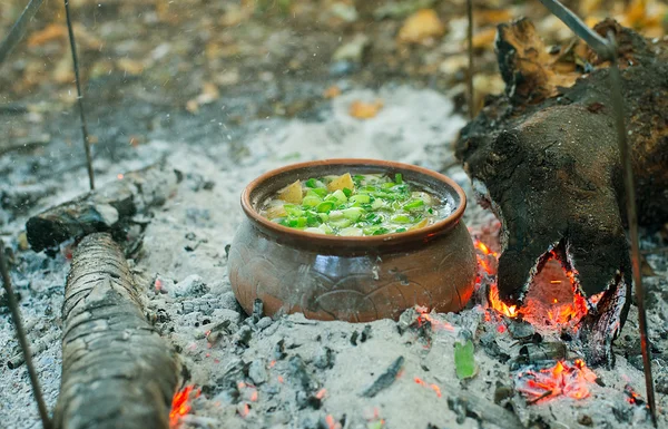 Roast in a clay pot on the fire — Stock Photo, Image