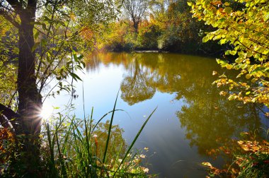 Nehri üzerinde renkli sonbahar günbatımı 