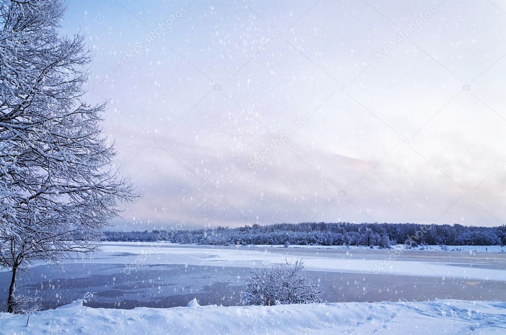 Winter landscape with lake and trees covered with frost