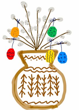Hand-drawn illustration of pussy willow branches decorated with colorful Easter eggs in a rustic vase, naive and playful spring artwork on a white background.